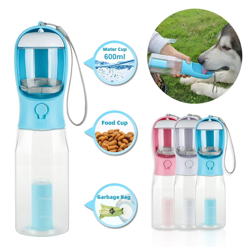 Portable 3-in-1 Pet Water Bottle with Food Feeder & Poop Dispenser, Leak-Proof