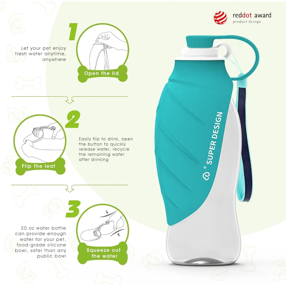 Superdesign Large Capacity Foldable Dog Water Bottle - Portable Design, Leak-Proof and Durable Material, Ergonomic Handle and Strap, 20 Ounces Suitable for Camping, Hiking, Outdoor Adventures, Pet Hydration Equipment, Stylish